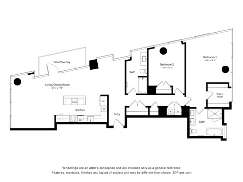 Floor plan for 2 beds, 2 baths, 1517 sqft